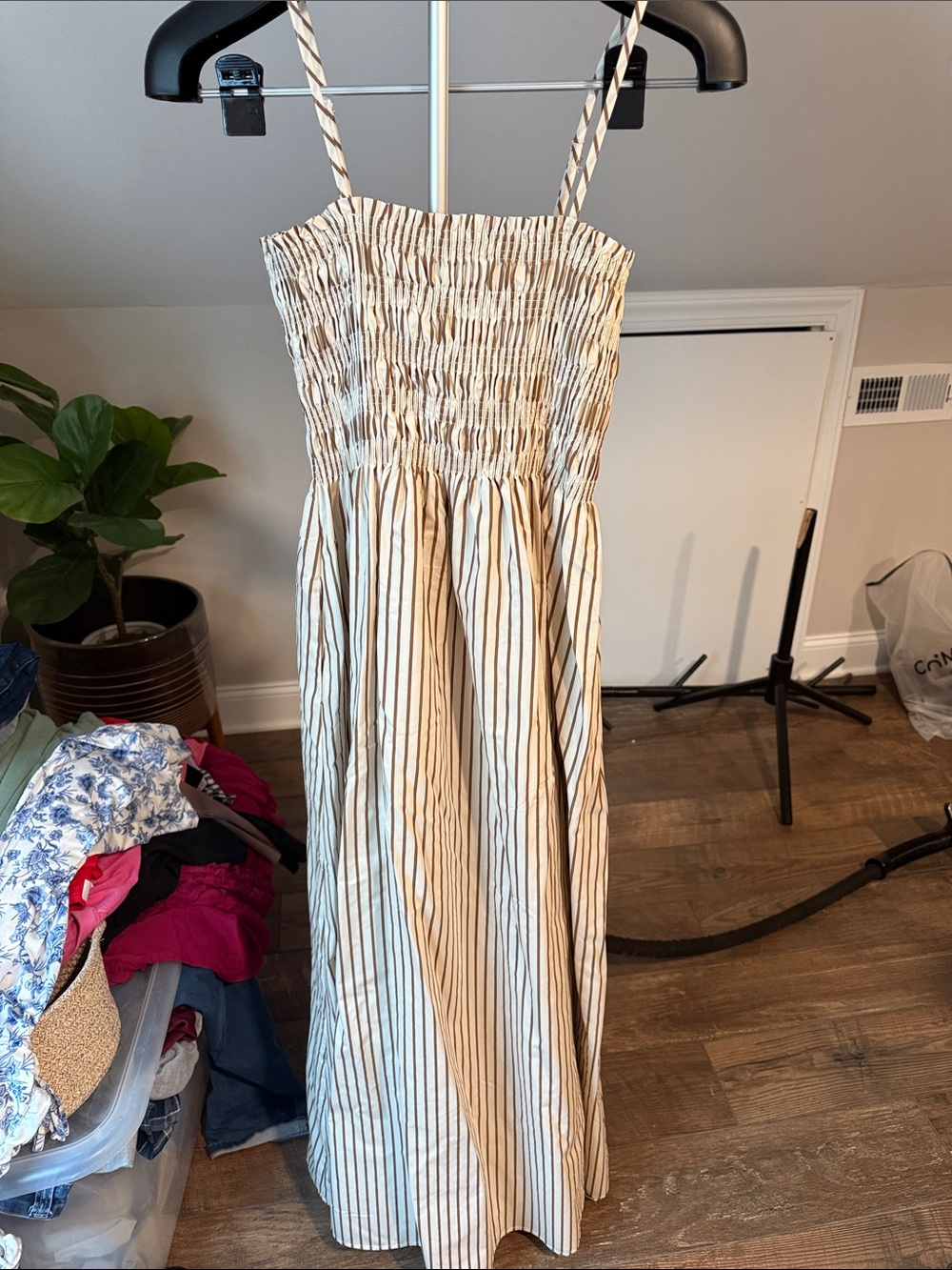 Smocked Striped Maxi Dress in Cream and Brown